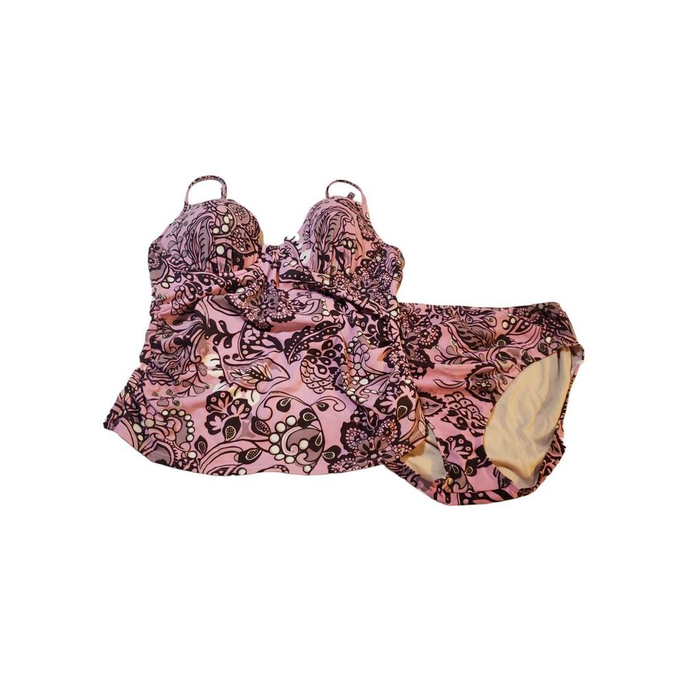 Newport News Swim 2-piece swimsuit size 14 floral pink brown Built-in Bra Summer